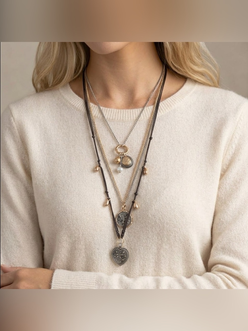 NEW Versatile Boho Layered Mixed Metal Coin & Heart Pendant Necklace Set